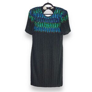 Vintage‎ Stenay Size 8 Silk Black Blue Aqua Green Beaded Sequin Cocktail Dress